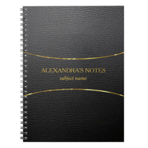 Black faux leather texture gold accent notebook