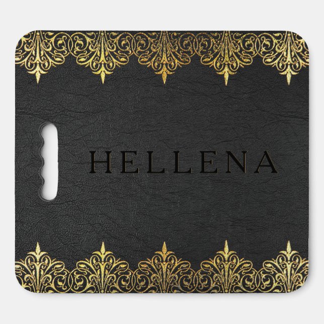 Black faux leather texture gold frame monogram seat cushion (Front Horizontal)