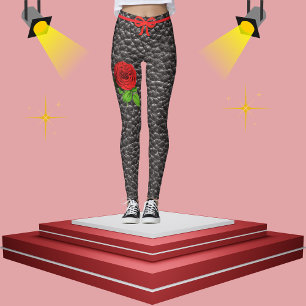 Black Faux Leather Texture Rose Trendy Fashion Leggings