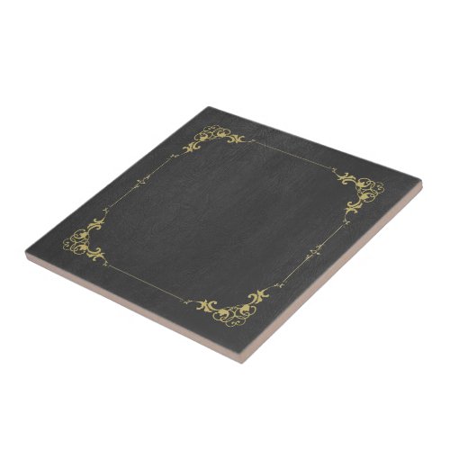 Black faux leather vintage gold frame ceramic tile