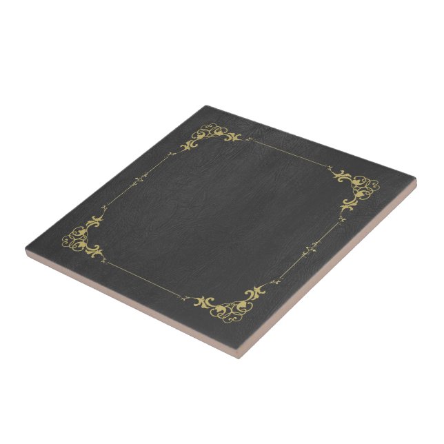 Black faux leather vintage gold frame ceramic tile (Side)