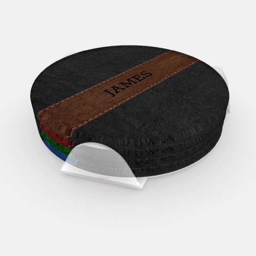 Black faux leather with 4 different color stripe coaster set
