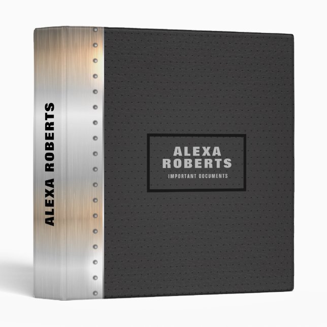 Black faux lenther & metallic silver stripes 3 ring binder (Front/Spine)