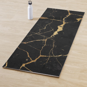 Black faux marble gold veins yoga mat