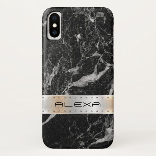 Black faux marble with metallic silver stripe iPhone XS case