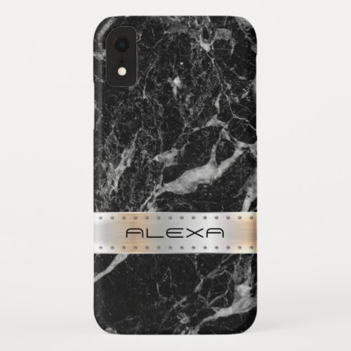 Black faux marble with metallic silver stripe iPhone XR case