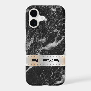 Black faux marble with metallic silver stripe iPhone 17 case