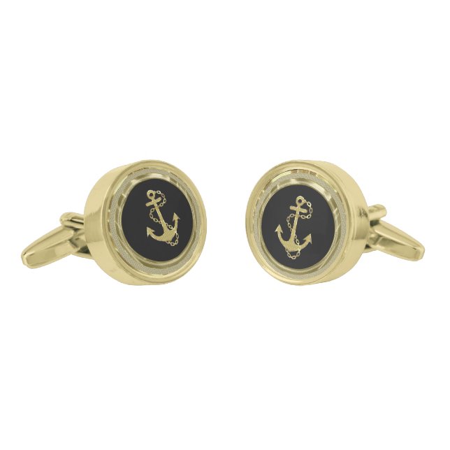 Black & Faux Metallic Gold Glitter Nautical Anchor Gold Cufflinks (Angled)