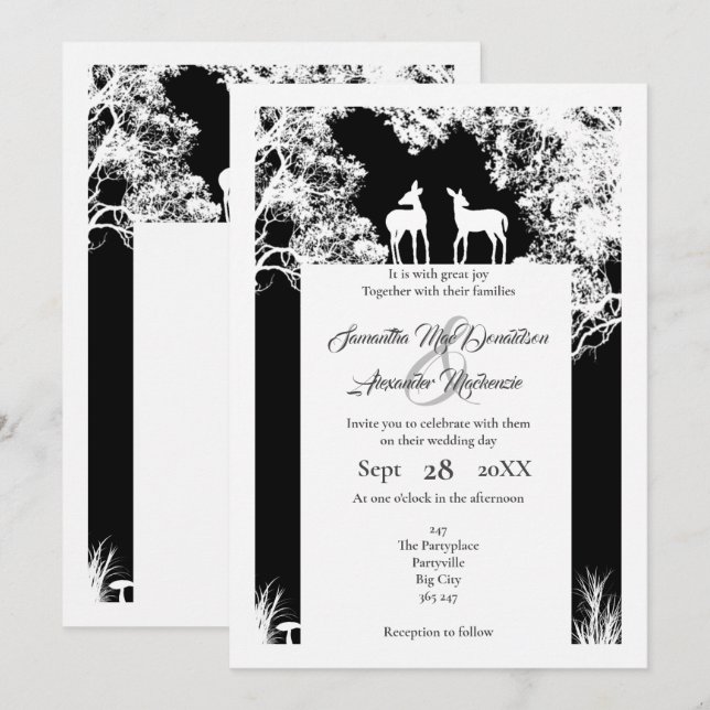 Black faux paper cut woodland wedding invitation (Front/Back)