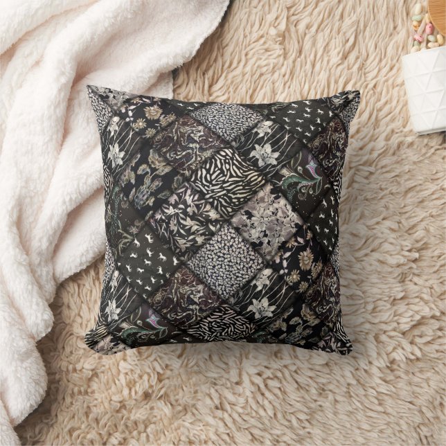 Black Faux Patchwork Quilting Pattern Throw Pillow (Blanket)