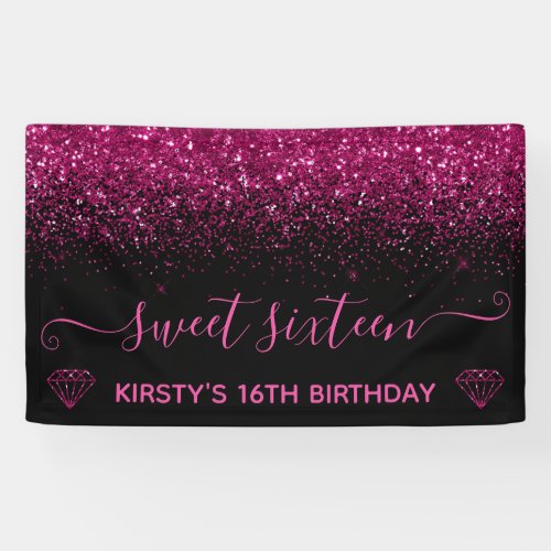 Black  Faux Pink Glitter Sweet 16 Banner