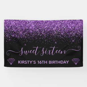 Black & Faux Purple Glitter Sweet 16 Banner