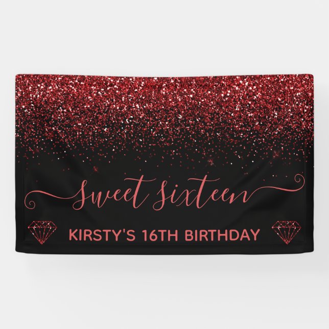 Black & Faux Red Glitter Sweet 16 Banner (Horizontal)