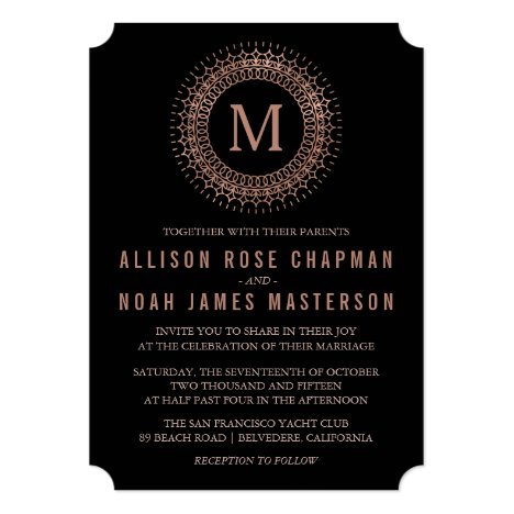 Black &amp; Faux Rose Gold Deco Monogram Wedding Invitation