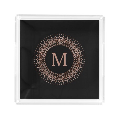 Black  Faux Rose Gold Elegant Initial Monogram Acrylic Tray