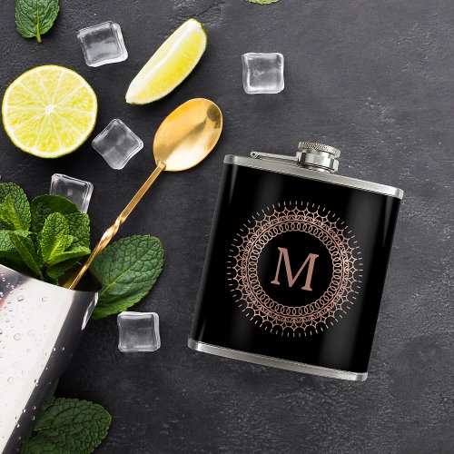 Black  Faux Rose Gold Elegant Initial Monogram Flask