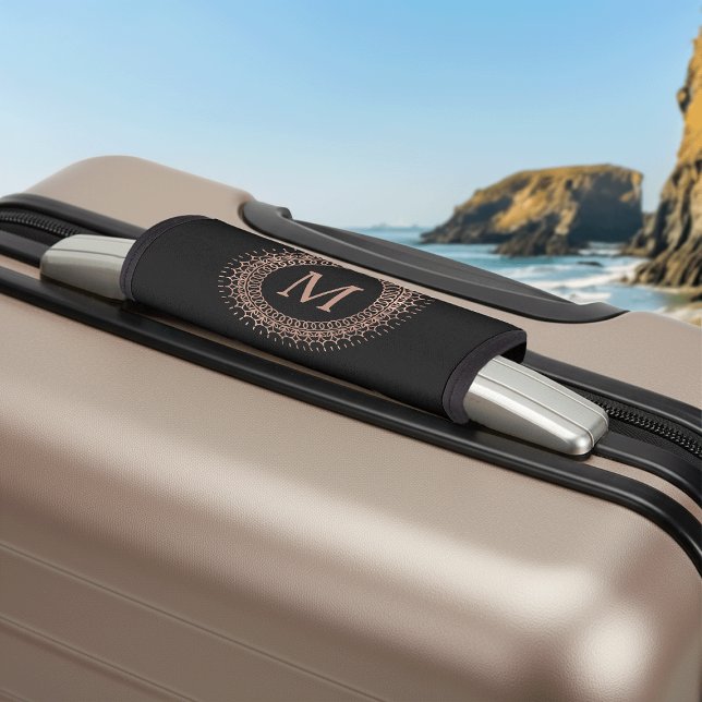 Black & Faux Rose Gold Elegant Initial Monogram Luggage Handle Wrap (Creator Uploaded)