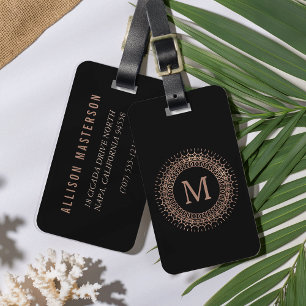 Black & Faux Rose Gold Elegant Initial Monogram Luggage Tag