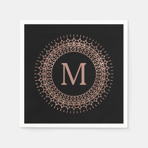 Black  Faux Rose Gold Elegant Initial Monogram Paper Napkins