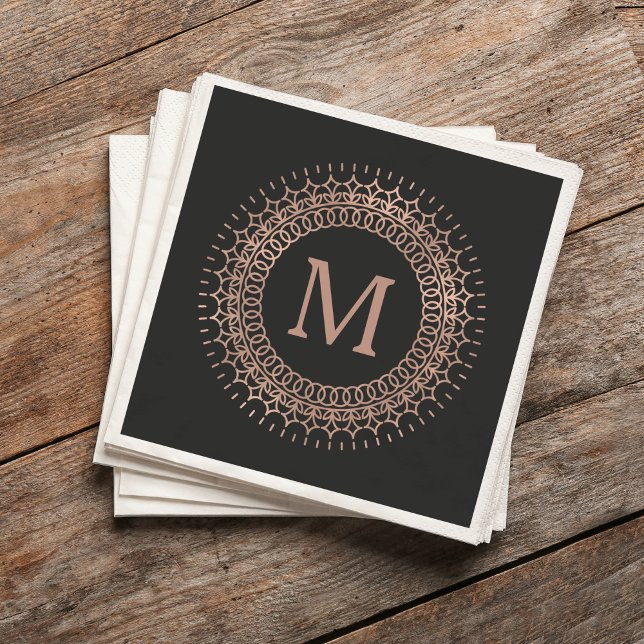 Black & Faux Rose Gold Elegant Initial Monogram Paper Napkins (Creator Uploaded)