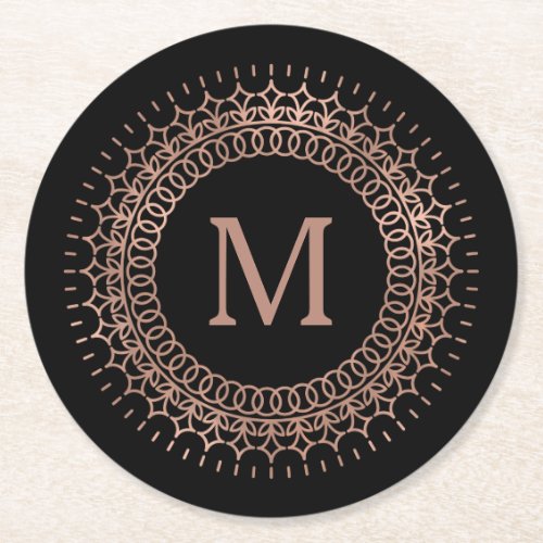 Black  Faux Rose Gold Elegant Initial Monogram Round Paper Coaster