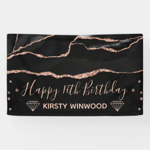 Black & Faux Rose Gold Glitter Agate Sweet 16 Banner