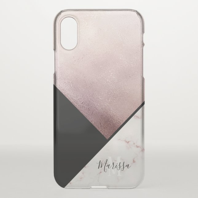 Black & Faux Rose Gold Marble Abstract Monogram Uncommon iPhone Case (Back)