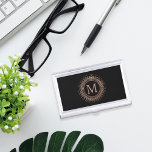 Black & Faux Rose Gold Medallion Initial Monogram Business Card Holder<br><div class="desc">Store your business cards in this chic monogram case! Design features a faux rose gold medallion pattern on a rich black background with your single initial monogram in the center. NOTE: rose gold is a printed effect that uses color variations to mimic gold foil; it is not actual gold foil....</div>