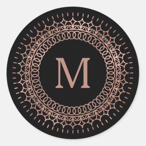 Black  Faux Rose Gold Medallion Monogram Classic Round Sticker