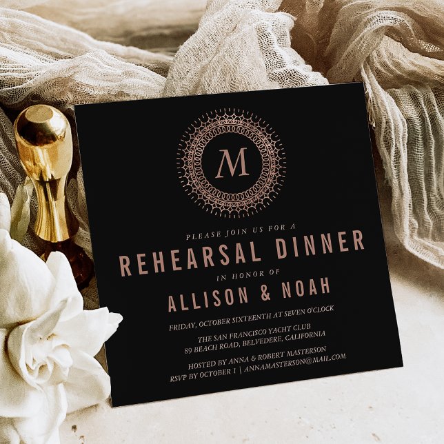 Black & Faux Rose Gold Monogram Rehearsal Dinner Invitation (Creator Uploaded)