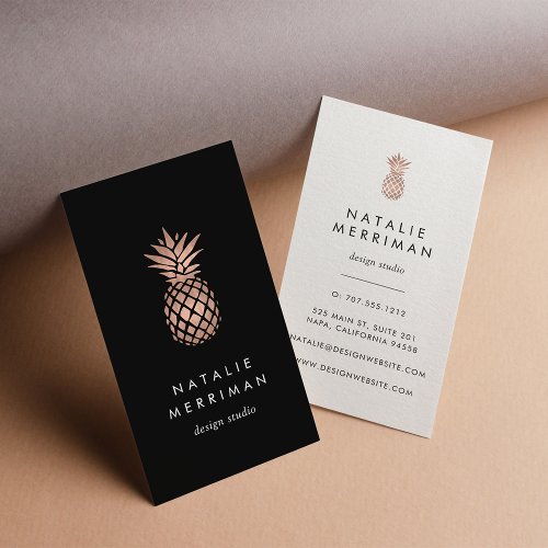 Black  Faux Rose Gold Pineapple Vertical Business Card