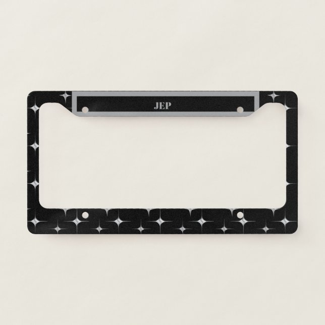 Black Faux Silver Diamond Design Custom Initials License Plate Frame (Front)