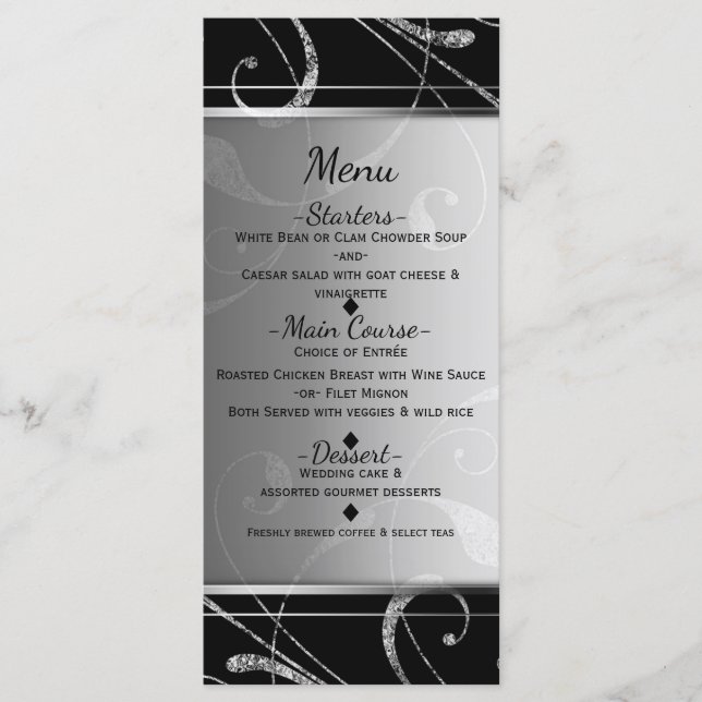 Black & Faux Silver Floral Swirl Elegant Menu (Front)