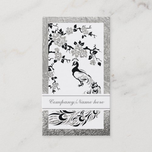 Black faux silver foil peacock and cherry blossoms business card