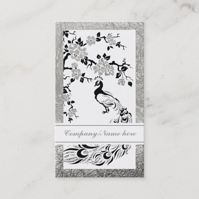 Black faux silver foil peacock and cherry blossoms business card (Front)