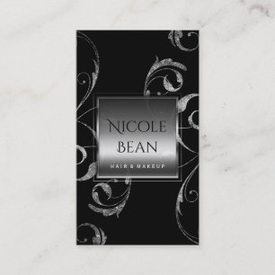 Black & Faux Silver Glass Floral Swirl Elegant Business Card