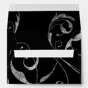 Black & Faux Silver Glass Floral Swirl Elegant Envelope