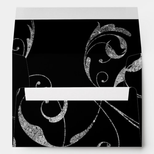 Black  Faux Silver Glass Floral Swirl Elegant Envelope