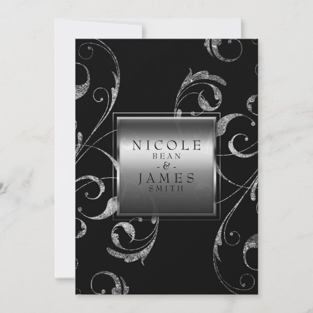 Black & Faux Silver Glass Floral Swirl Elegant Invitation (Front)