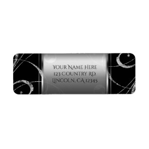 Black & Faux Silver Glass Floral Swirl Elegant Label