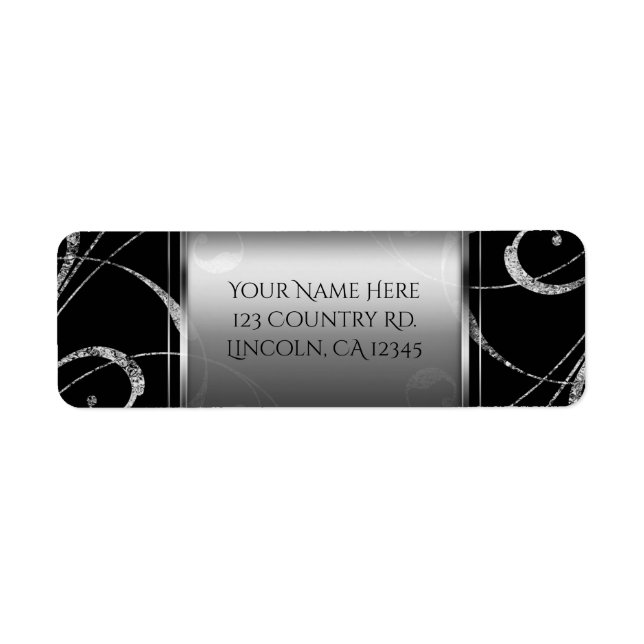 Black & Faux Silver Glass Floral Swirl Elegant Label (Front)