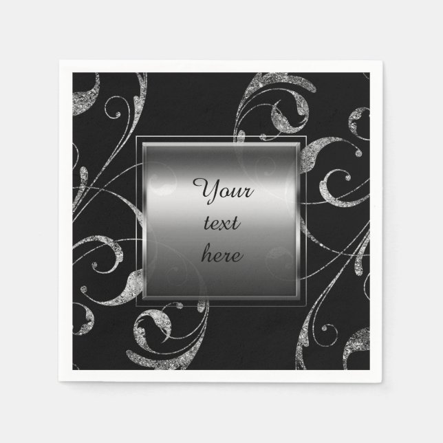 Black & Faux Silver Glass Floral Swirl Elegant Napkins (Front)