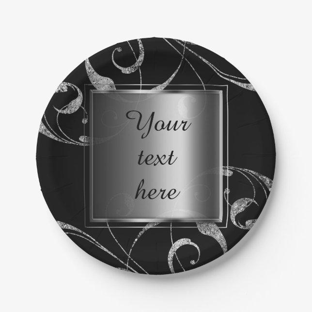 Black & Faux Silver Glass Floral Swirl Elegant Paper Plates (Front)
