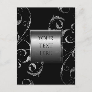 Black & Faux Silver Glass Floral Swirl Elegant Postcard