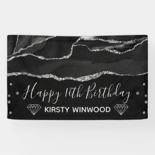 Black & Faux Silver Glitter Agate Sweet 16 Banner