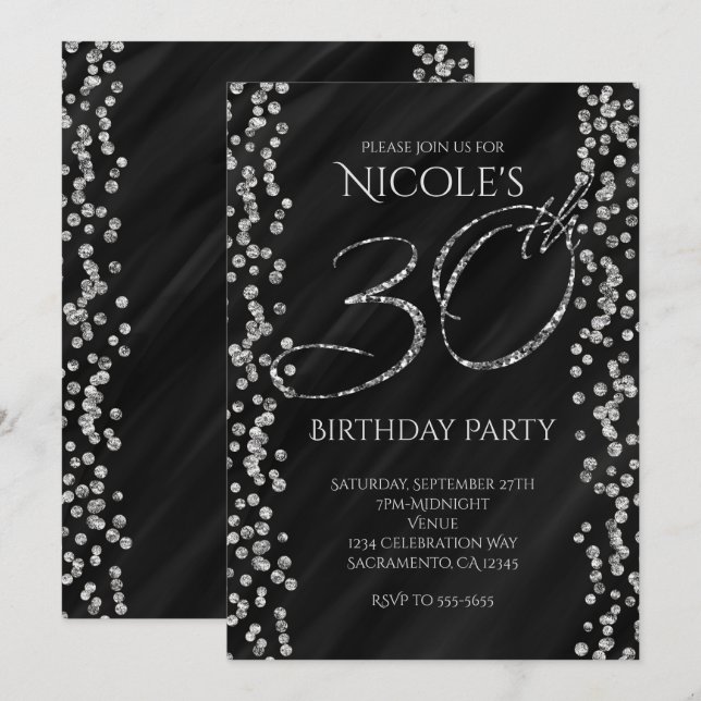 Black & Faux Silver Glitter Glam 30 30th Birthday Invitation (Front/Back)
