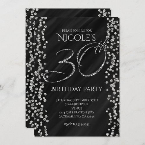 Black  Faux Silver Glitter Glam 30 30th Birthday Invitation