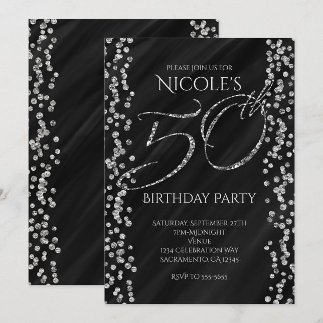 Black & Faux Silver Glitter Glam 50 50th Birthday Invitation (Front/Back)