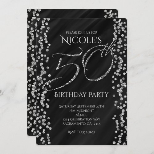 Black  Faux Silver Glitter Glam 50 50th Birthday Invitation