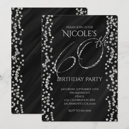 Black & Faux Silver Glitter Glam 60 60th Birthday
